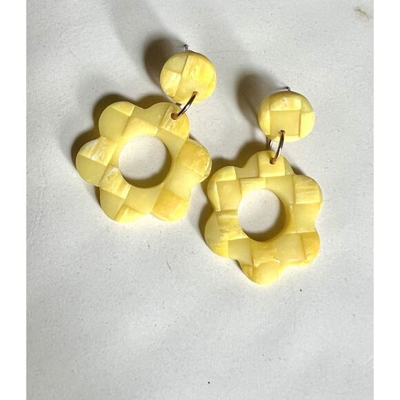 Statement Earrings Polymer Clay Earrings Handcrafted Retro Yellow Checkered - Picture 4 of 6